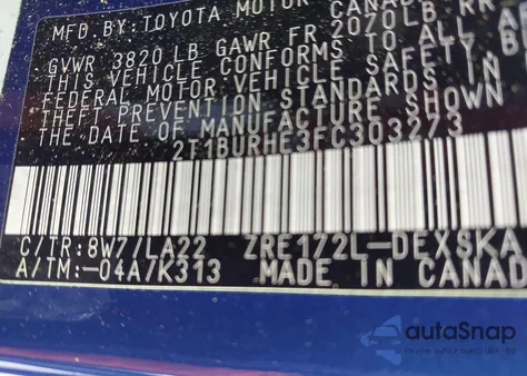 2015 Toyota Corolla S Premium z USA, uszkodzony, nr VIN 2T1BURHE3FC303273